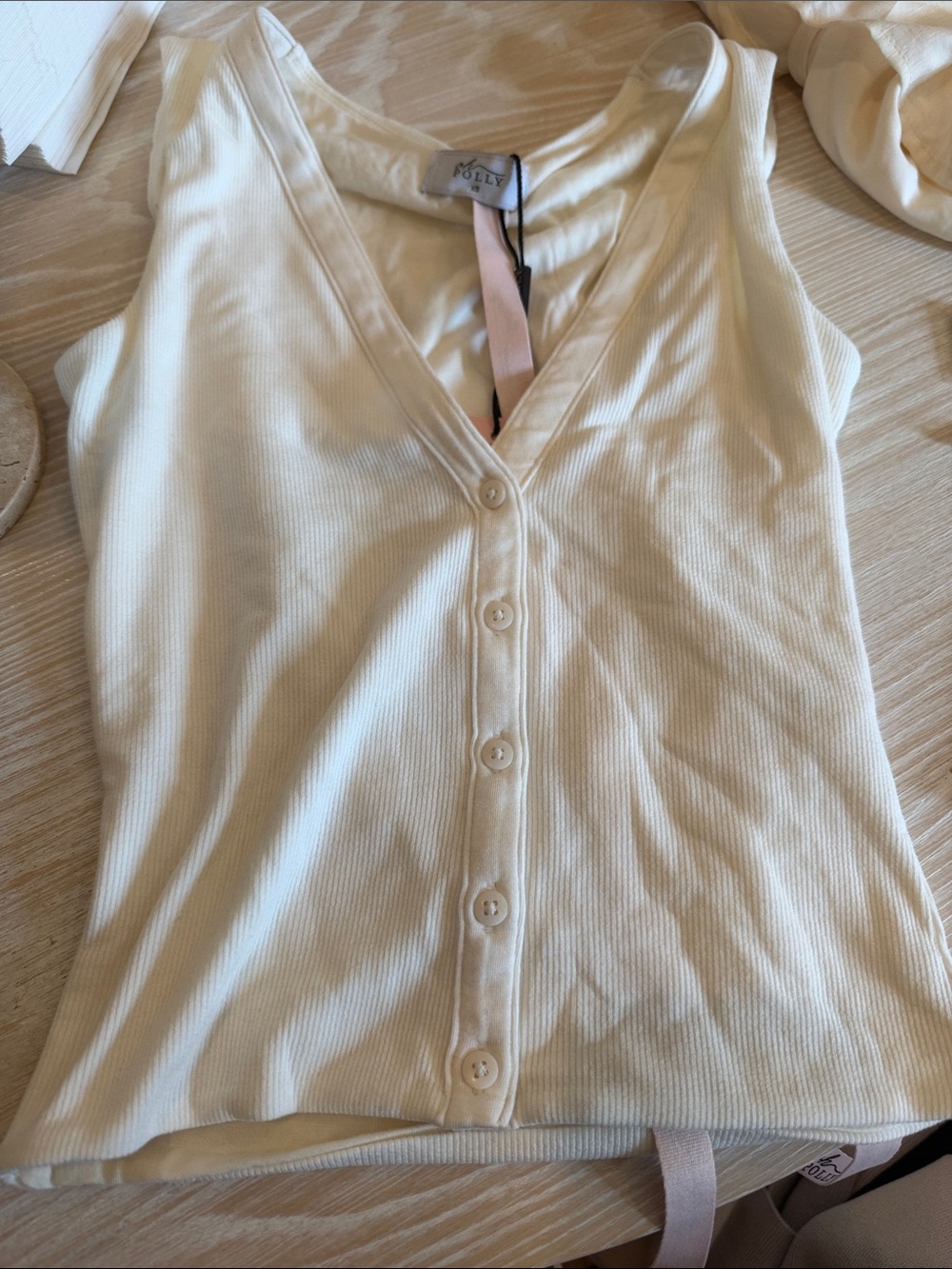 Oh Polly Cream Ribbed Button V-Neck Tank